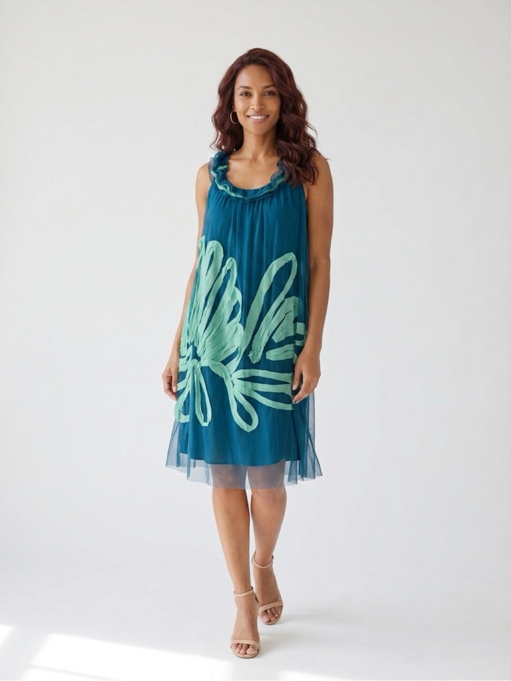 Vivienne Tam Teal Strapless Dress with Mint Floral Motif